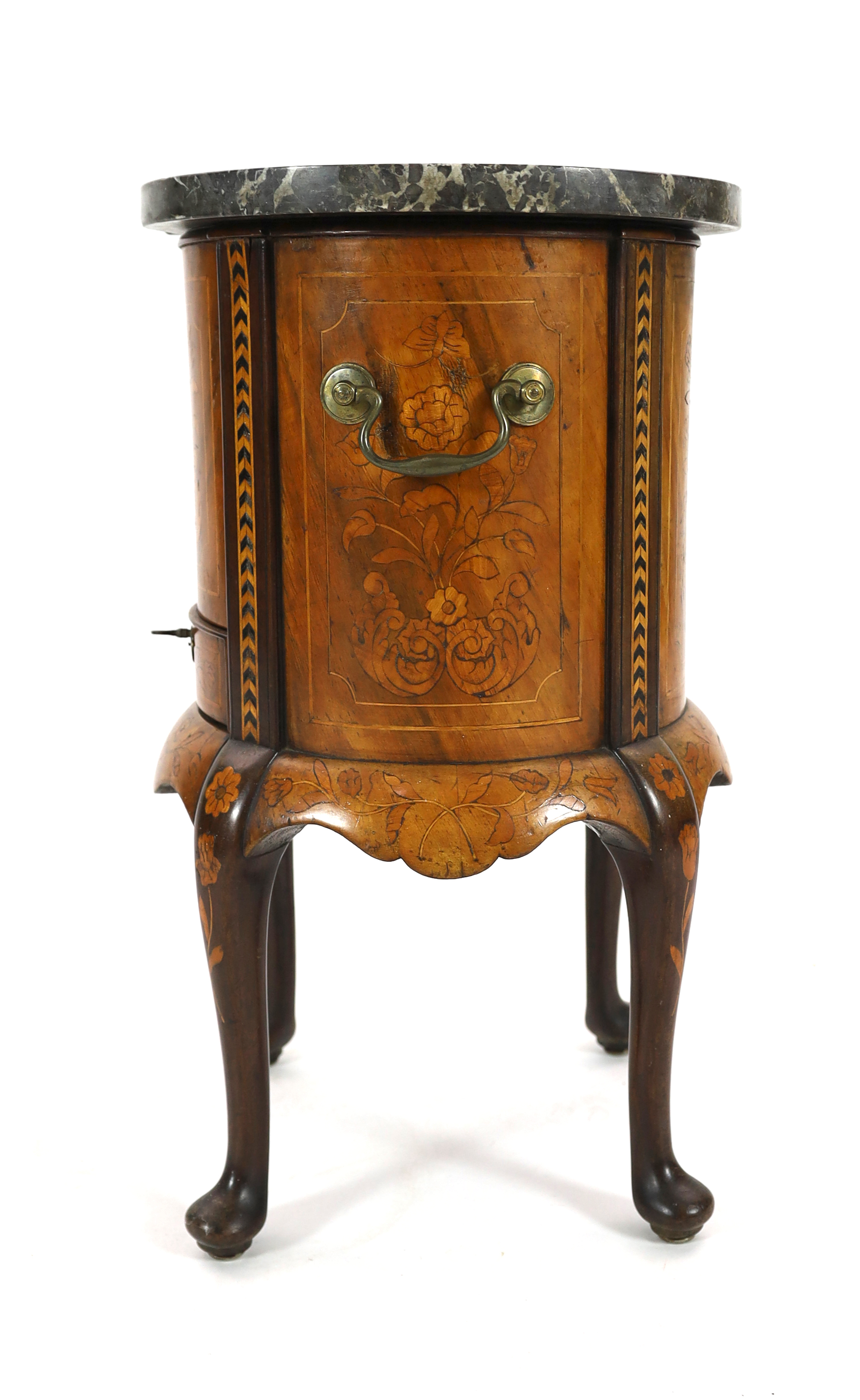 A late 18th century Dutch floral marquetry inlaid walnut wine cooler, 32cm diameter, 55cm high, Please note this lot attracts an additional import tax of 5% on the hammer price